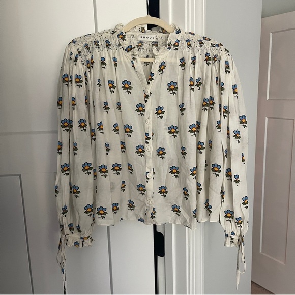 RHODE LOUISA TOP white long sleeve floral button down tie sleeves - Picture 3 of 6